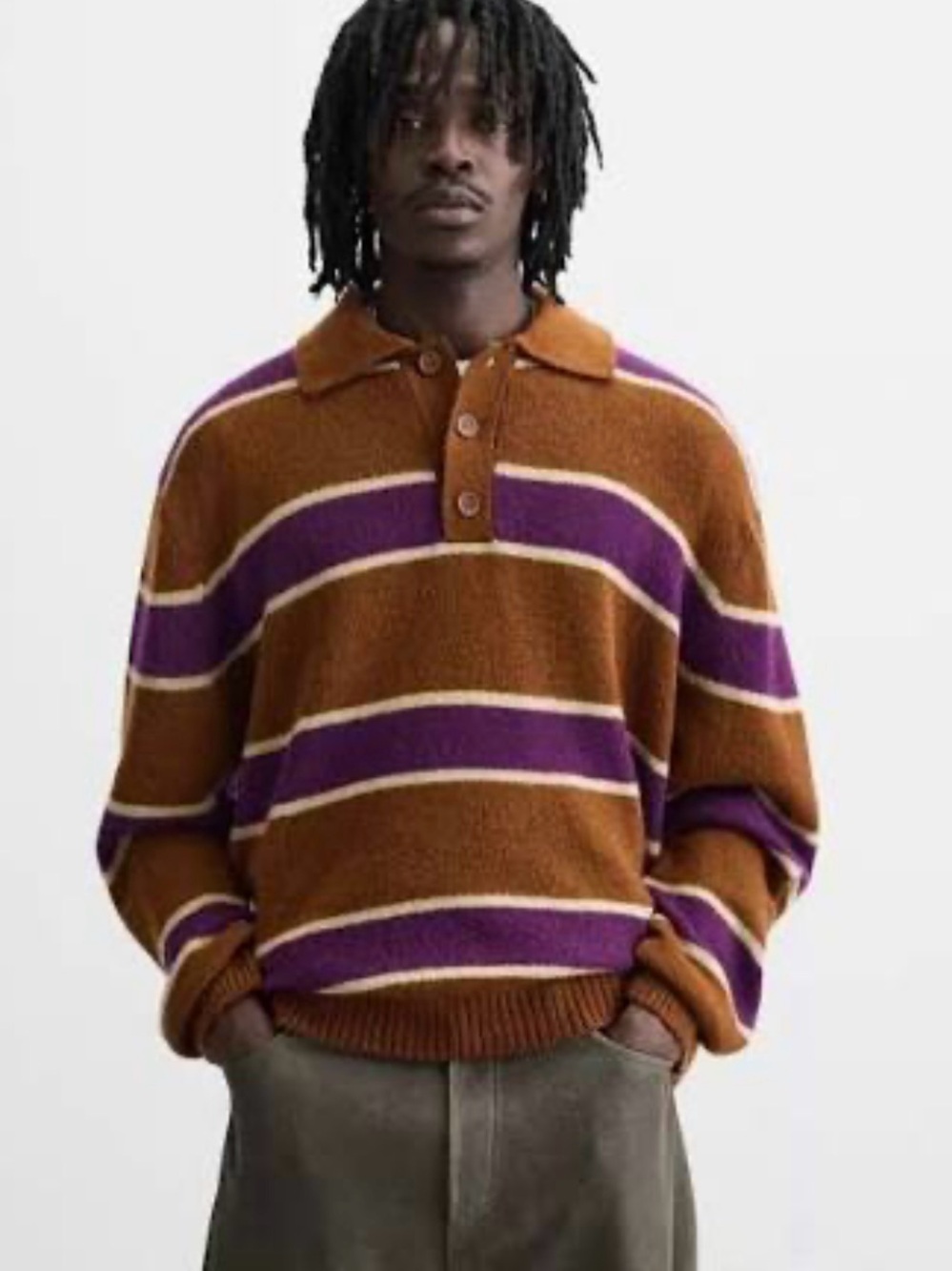 Zara Men's Brown and Purple Striped Crewneck Polo Sweater